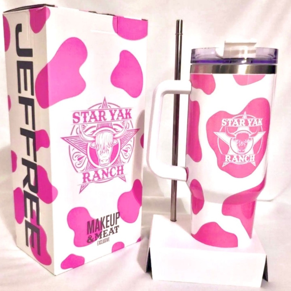 JEFFREE STAR ⭐️ RARE ⭐️ Exclusive Makeup & Meat Pink White Cow Print Tumbler